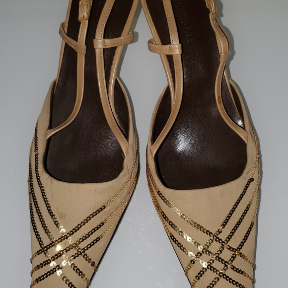 ALFIO CECCONI GOLD SEQUIN & SILK GOLDEN HEEL SLINGBACK KITTEN HEEL SZ 8M - Picture 2 of 16